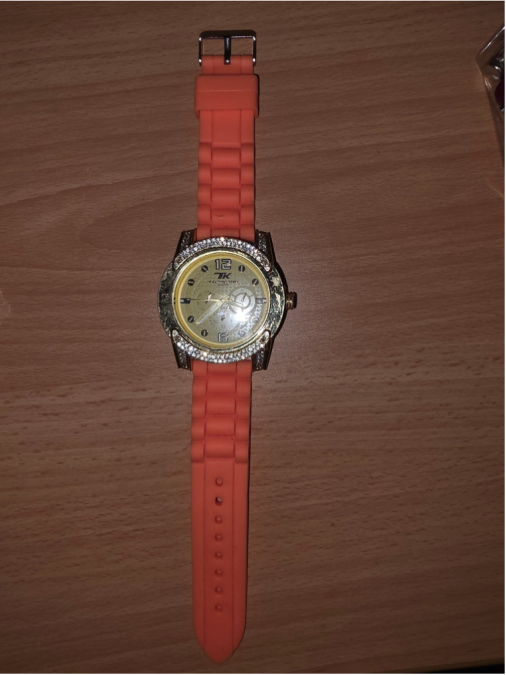Techno King WA6858G Men's Gold Tone Watch Orange Silicone Band Crystal Bezel